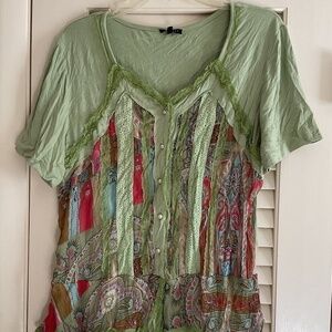 Spring Green Laced Crinkle Woman Italian Design Summer Top Size US L